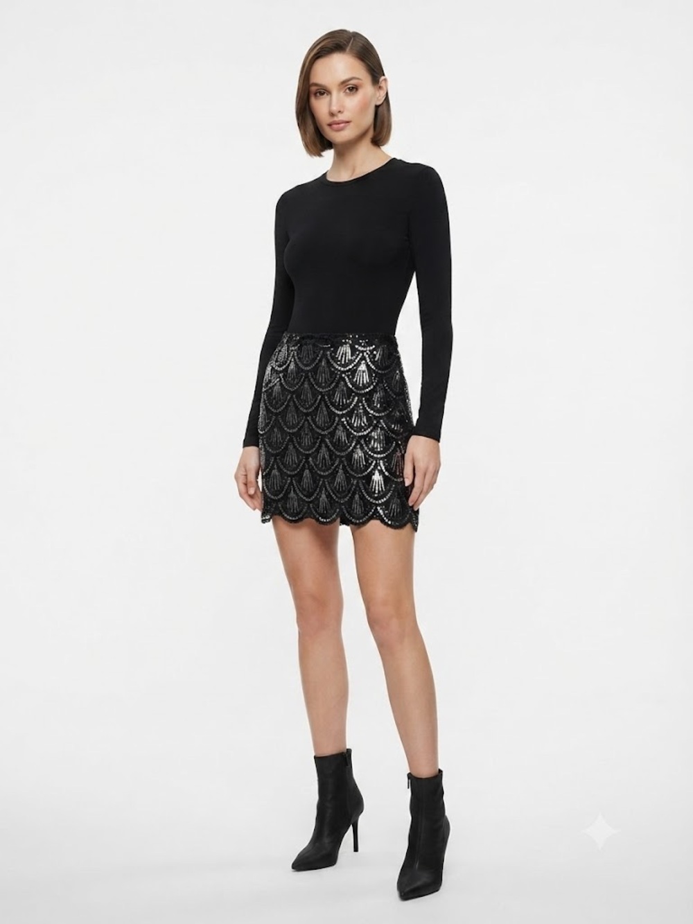 Blue Rain Black Sequin Scallop Hem Mini Skirt